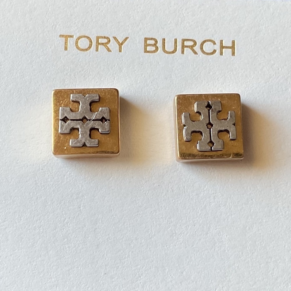 TORY BURCH MILLER LOGO GOLD/SILVER TONE STUD EARRINGS NEW WITH GIFT BAG